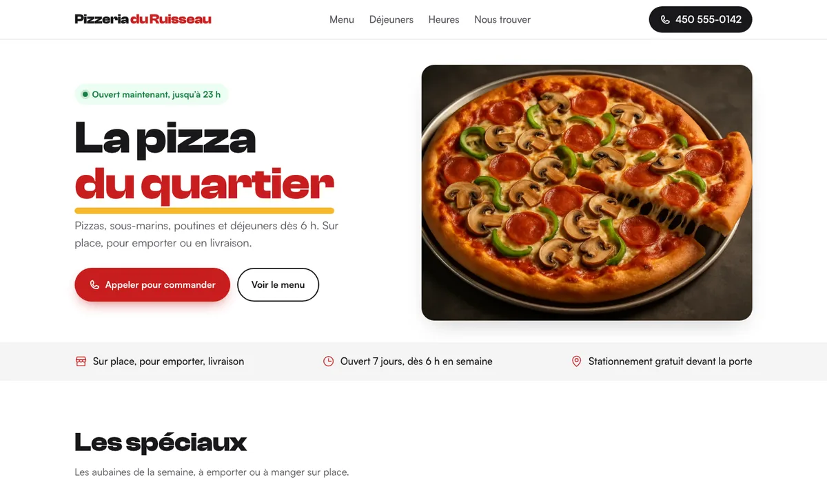 Site exemple d'une pizzeria, vu sur ordinateur